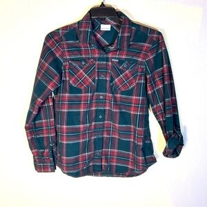 Columbia Women M Button Up Top Micro-Corduroy 100% Cotton Green Red White Plaid